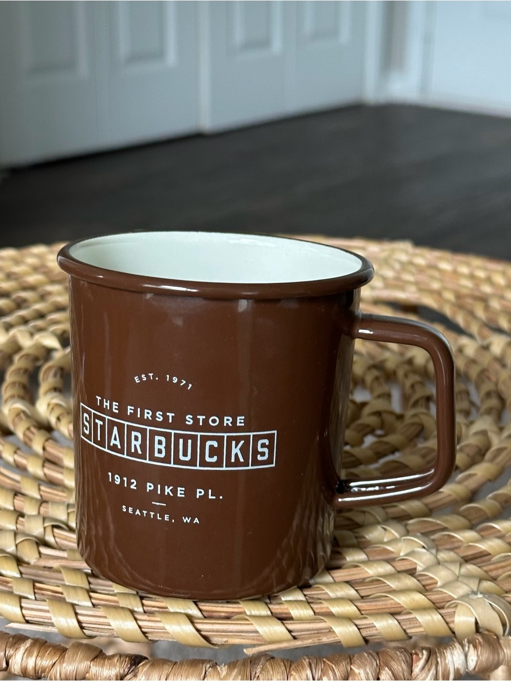 Starbucks Brown and White Enamel Mug with 'The First Store' Logo